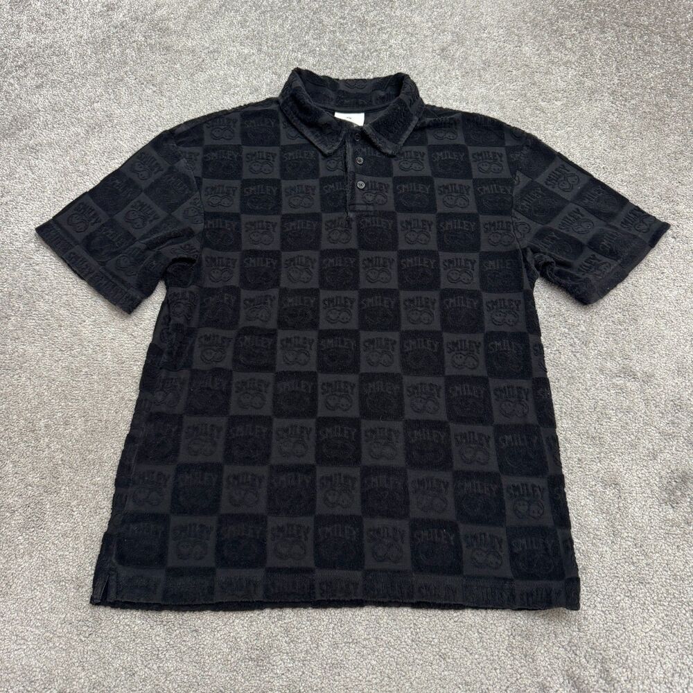 Smiley x H&M Checkerboard Terry Cloth Polo Shirt Mens Small Black Textured Knit